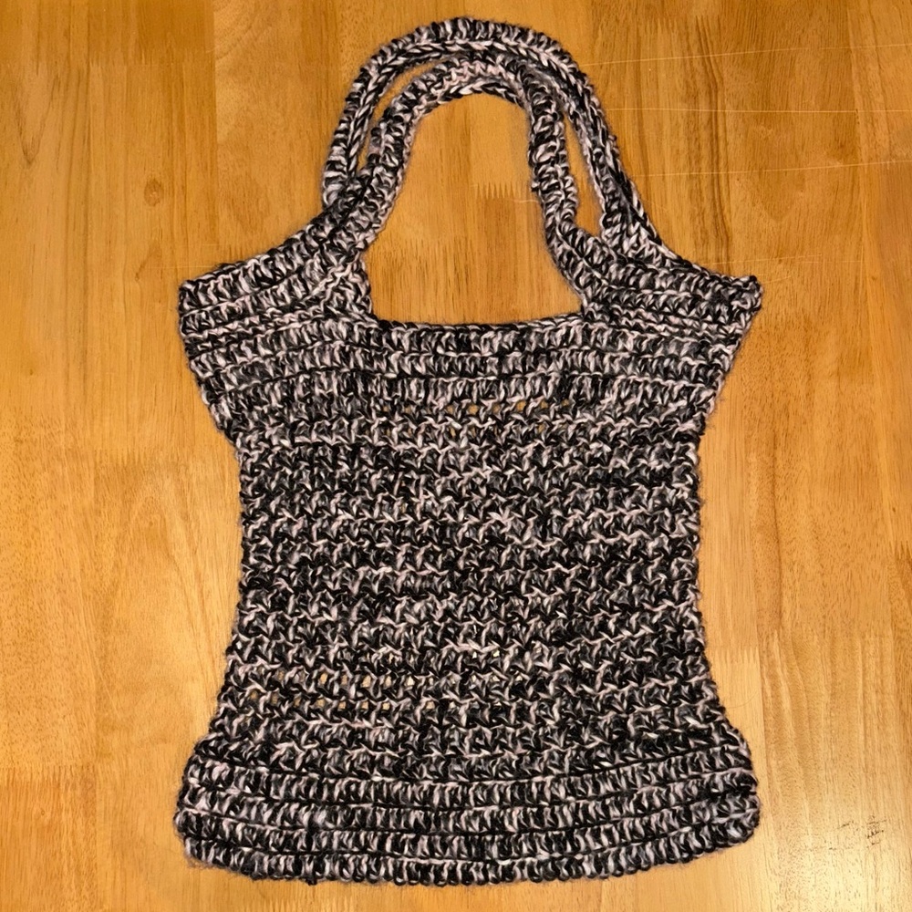 HANDMADE Crochet Urban Market Shoulder Tote Bag Black & Pale Pink Double Handle